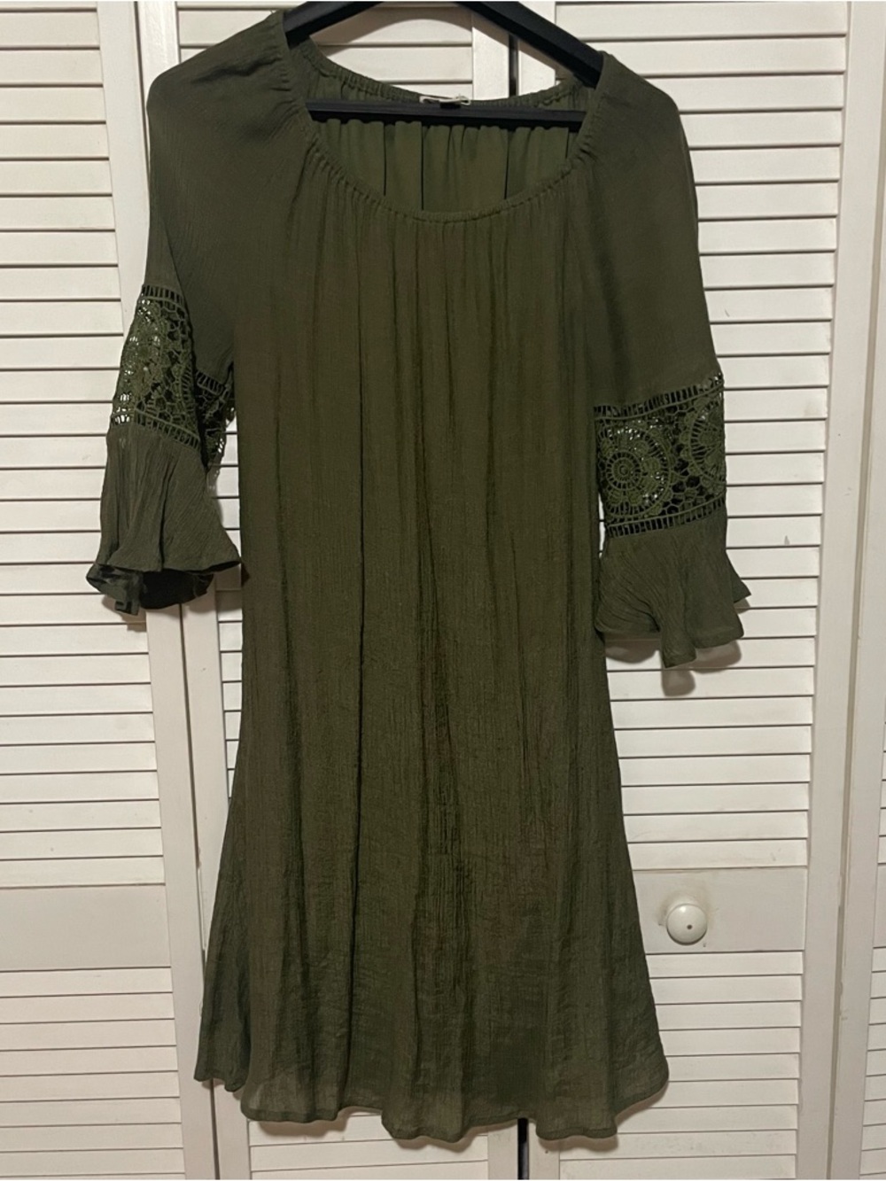 Indigo Rose Olive Green Shift Dress with Crochet Sleeve Detail